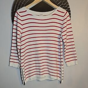 J. Crew Cotton Knit Nautical Red and White Striped Zipper Sides Pullover Sweater